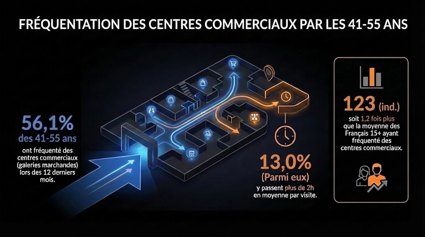 Fréquentation des centres commerciaux par la génération X : 56,1% des 41-55 ans visitent les centres commerciaux en 2024