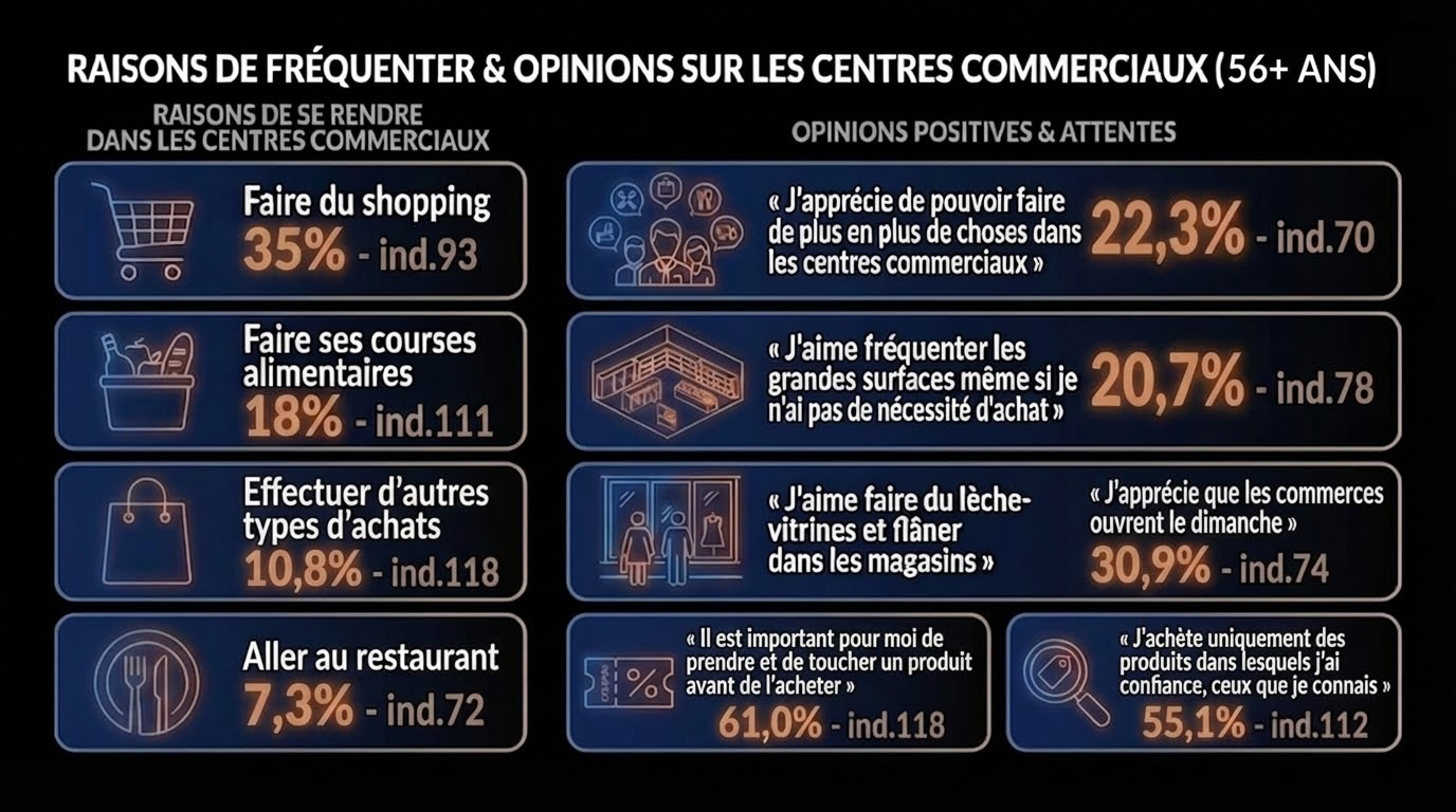 Motivations de visite seniors en centre commercial : 61% veulent toucher le produit, 55,1% achètent des produits de confiance