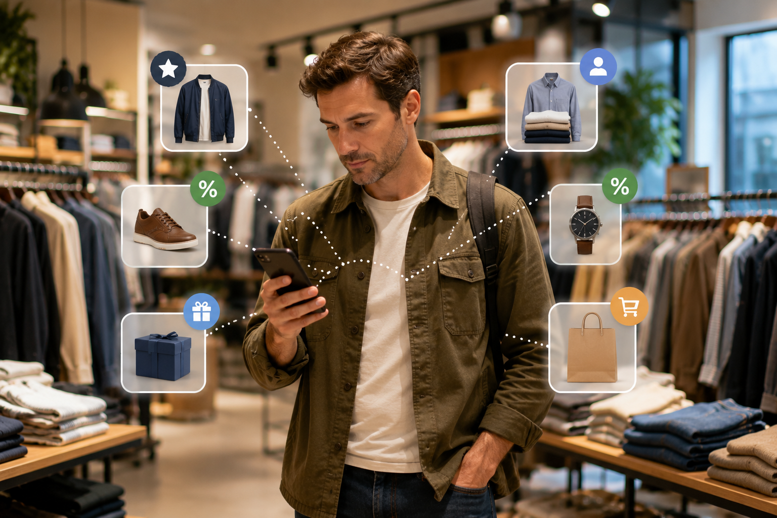 Personnalisation marketing en magasin : client consultant des offres personnalisées sur son smartphone